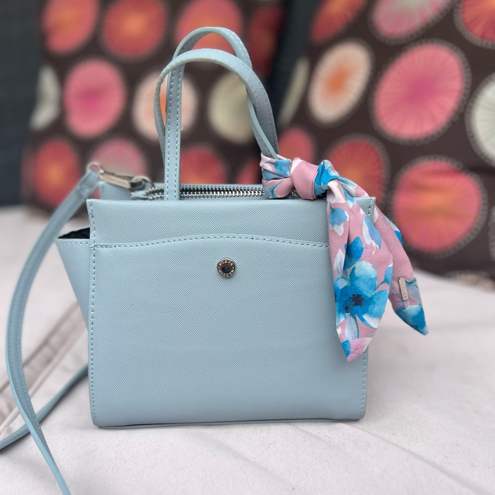 Light Blue Handbag with Floral Scarf